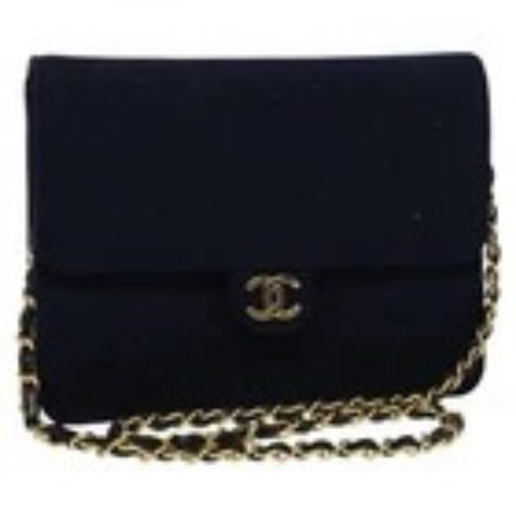 CHANEL Matelasse Chain Shoulder Bag Cotton Navy Gold CC Auth 138286 - Picture 1 of 16